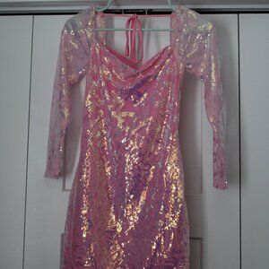 Pink Sequin Bodycon Mini Dress with sheer sleeves